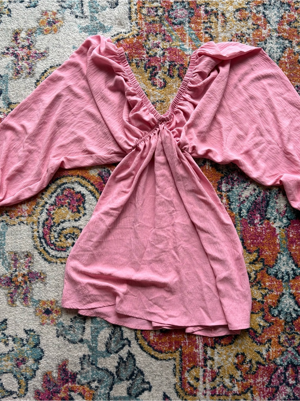 Women's Pink V-Neck Ruched Sleeve Dress